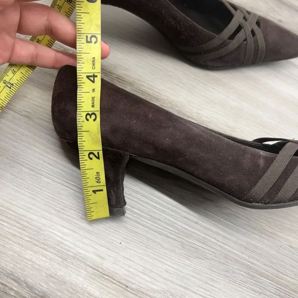 STUART‎ WEITZMAN pumps 6.5 M Dark Brown Strappy Suede Leather Pumps Kitten Heels